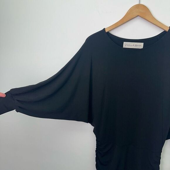 Graham & Spencer Anthropologie Black Stretch Jersey Knit Ruched Skirt Dolman Sle - Picture 9 of 13